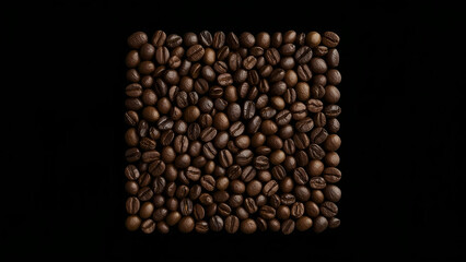 Precise Overhead View of Roasted Coffee Beans Forming a Perfect Square Pattern on a Black Background