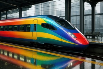 Colorful high-speed passenger train arriving at modern city station platform

