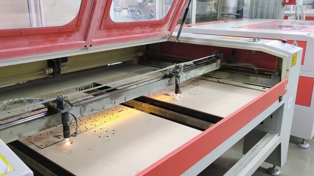 Laser cutting machine is shown in operation with its lid open, revealing laser head actively engraving or cutting detailed pattern into flat sheet of plywood or MDF