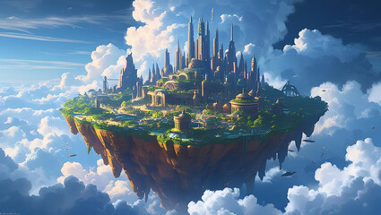 Concept art of floating city island in clouds for fantasy world design
