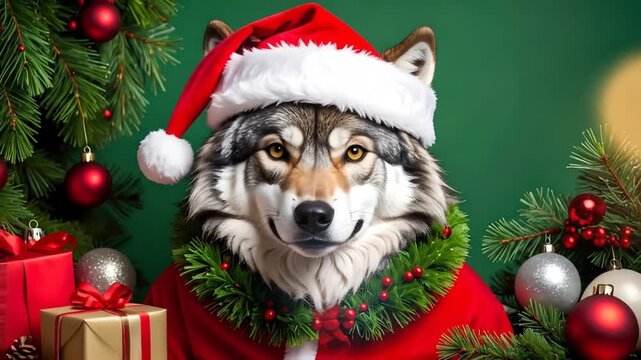 Christmas wolf wearing Santa hat and wreath