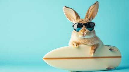 A humorous photograph shows a rabbit wearing sunglasses and holding a surfboard.