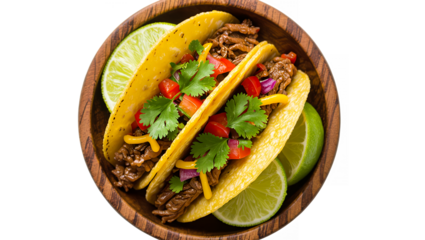 Two tacos with meat and fresh garnish in a wooden bowl close up on transparent background