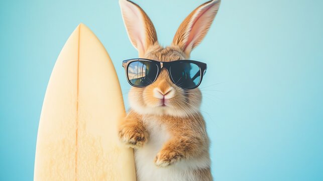 A comical rabbit wearing sunglasses and holding a surfboard is shown in the stock photo. - Powered by Adobe