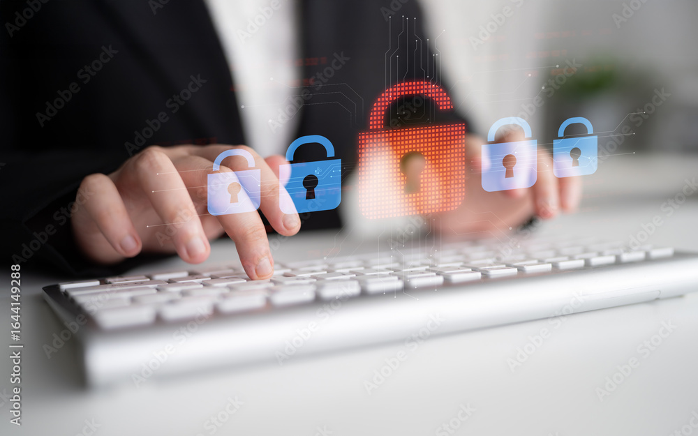 Poster digital security concept illustrating a cybersecurity breach, with a red unlocked padlock indicating