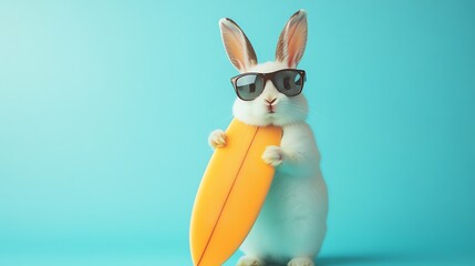 A humorous rabbit wearing sunglasses and holding a surfboard is shown in the stock photo.