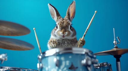 A cartoon rabbit enthusiastically plays drums as part of a rock band.