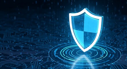 Glowing shield hovers above a circuit board amidst digital code with a transparent background