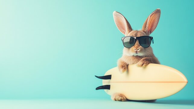 A comical rabbit wearing sunglasses and holding a surfboard is shown in the stock photo.