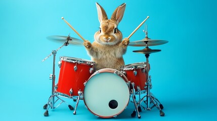 A comical rabbit enthusiastically plays drums as part of a rock band.