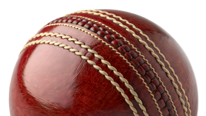 Close up view of a red cricket ball with white stitching lines on transparent background