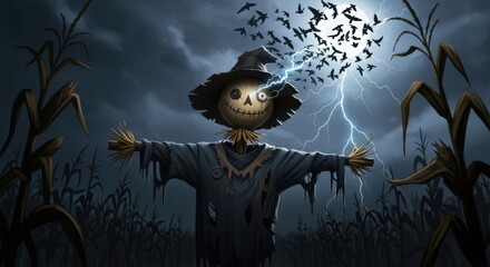 Scary Scarecrow in a Stormy Cornfield Under Lightning Strike