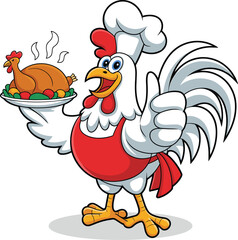 Cartoon rooster chef with white hat, red apron, serving hot cooked chicken, thumbs-up gesture, humorous food concept, vector illustration