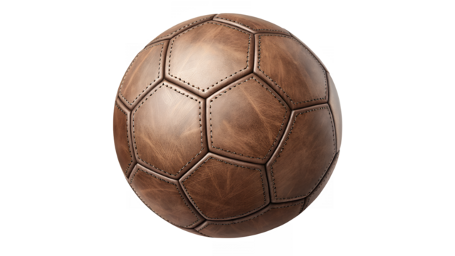 A leather soccer ball with visible stitching and panel detail on transparent background