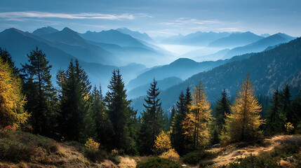 Fototapeta premium Majestic mountain panorama with golden autumn trees and misty valleys mountains landscape
