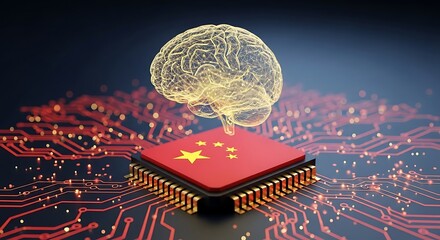 Artificial golden brain connects with the processor featuring the Chinese flag pattern