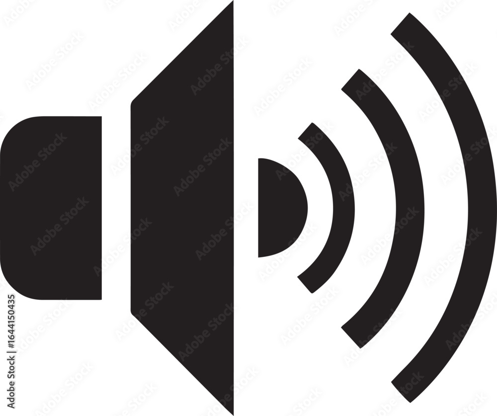 Poster sound wave icon with speaker and emanating signals in black silhouette on transparent backdrop