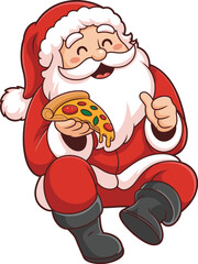 Cartoon Santa Claus eating pizza, thumbs-up gesture, festive red outfit, humorous holiday scene, pepperoni slice, vector illustration