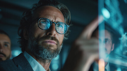 Bearded man glasses professional team technology center data monitoring analysis collaboration modern workplace