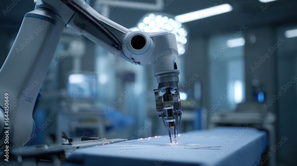 Poster Focused medium frame of robotic arm positioning infrared spine markers under guided navigation showcasing accurate tech integration with a subtly blurred medical environment