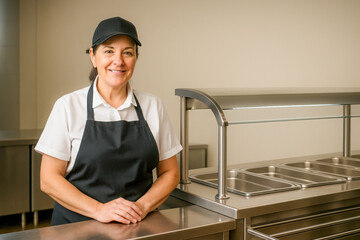 Friendly cafeteria worker in a black apron and cap, standing behind a clean stainless steel serving counter, ready to serve meals in a school or institutional setting, with ample copy space