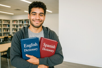 Smiling bilingual student holding English and Spanish dictionaries in a library setting, representing language learning, cultural connection, and academic achievement, with ample copy space 