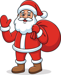 Cartoon Santa Claus waving and holding red gift sack, traditional Christmas character in festive pose, vector holiday illustration