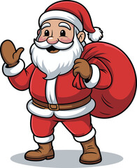 Cartoon Santa Claus, red suit character, waving hand pose, white beard icon, gift sack illustration, festive Christmas vector art design