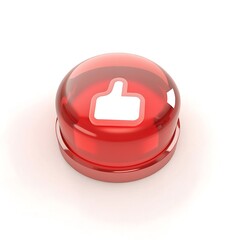 Close up of a shiny red round button with a white thumbs up symbol on a white background