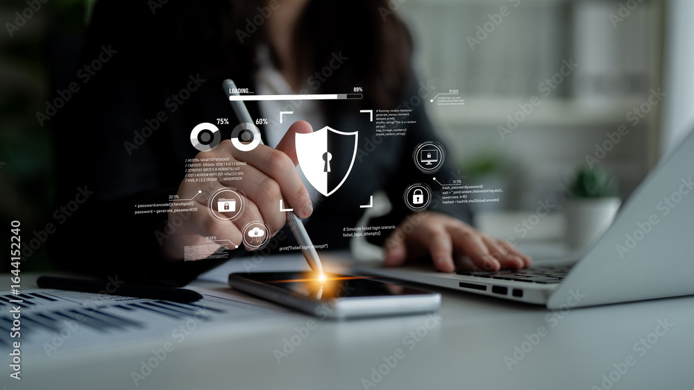 Poster cyber security protects against breaches, hacks, and network attacks using strong infrastructure and