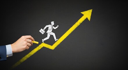 Guiding Ambition: A Hand Draws a Yellow Chalk Arrow for a Running Businessman.
