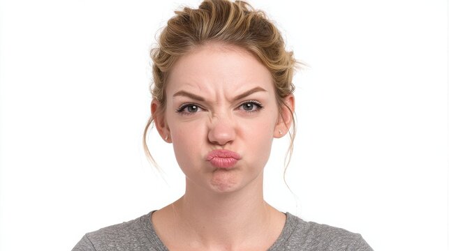 capricious woman with pouting lips in studio portrait of confused girl face annoyed woman face expression female model grimace on white background no logos no brands ar 169