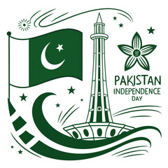 Pakistan Independence Day Vector – 14 August Celebration Design with Flag, Crescent, and Minar-e-Pakistan
