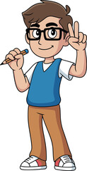 Cartoon student character, brown hair, black glasses, blue vest, white shirt, red-accent sneakers, peace sign, pencil in hand, vector art, cheerful pose