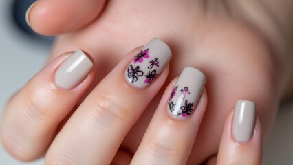 Neutral-toned nails with floral designs, perfect for a modern aesthetic