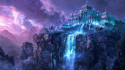 Majestic fantasy castle perched on cliff with cascading waterfall under dramatic purple sky, creating epic magical landscape for storytelling and adventure concepts.