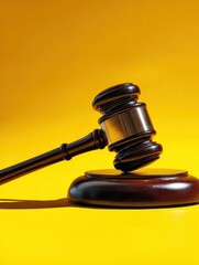 closeup of a gavel on a wooden surface with a vibrant yellow background symbolizing justice and legal proceedings