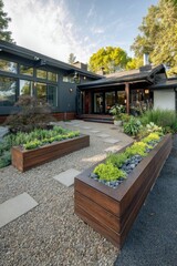 The enchanting front garden design showcases contemporary wooden planters, complemented by a charming stone pathway that glows beautifully in the warm afternoon sunlight