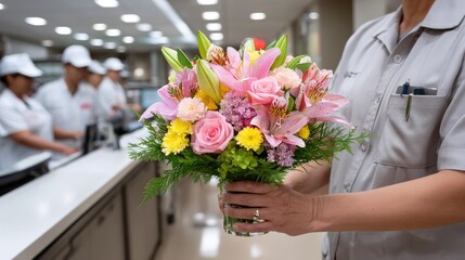 A vase filled with vibrant flowers sits on a desk while a doctor smiles at the camera, with nurses engaged in conversation nearby