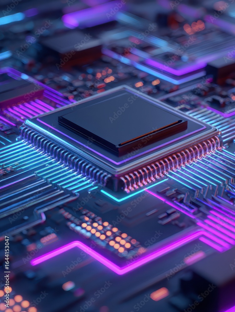 Poster ai generated image of closeup of microchip of computer with blue and purple neon lights