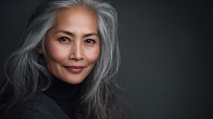 Fototapeta premium senior older middle aged asian woman with grey hair and radiant face with perfect skin advertising of rejuvenating skincare and makeup for natural radiant glow and healthy skin copy space no logos no