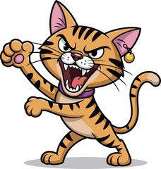 Cartoon tiger-striped cat, aggressive fighting pose, clenched fist feline, purple collar bell, dynamic animal character, expressive vector art design