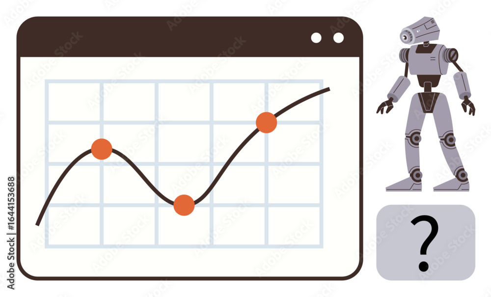 Poster robot standing beside a graph with a fluctuating trend line and orange data points, questioning outc