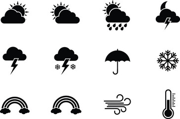 Weather Icons Collection Vector Graphic Illustration, Common Weather Conditions Symbol Set Silhouette