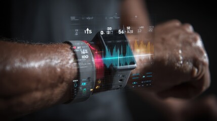 Concentrated shot of a multianalyte sensor wristband capturing sweat data with the blurred outline of a phone displaying biometric app stats in the back.