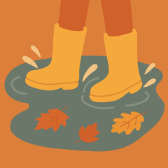 Vector of rain boots stepping into a puddle with floating leaves, playful fall scene in clean flat style.Vector of rain boots stepping into a puddle with floating leaves, playful fall scene in clean f