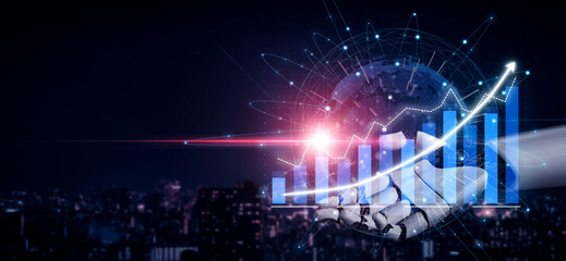 A striking visual of a digital hand representing financial growth with bar graphs and a globe, set...