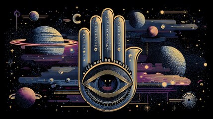Intricate vector illustration of a hitchhiker sign imbued with cosmic elements and retro science fiction design that invites curiosity and exploration.