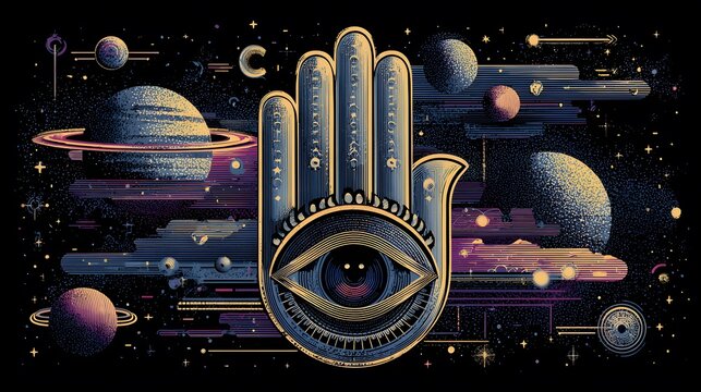 Intricate vector illustration of a hitchhiker sign imbued with cosmic elements and retro science fiction design that invites curiosity and exploration.