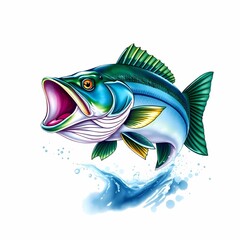 Illustration of a vibrant bass fish jumping out of water with an open mouth